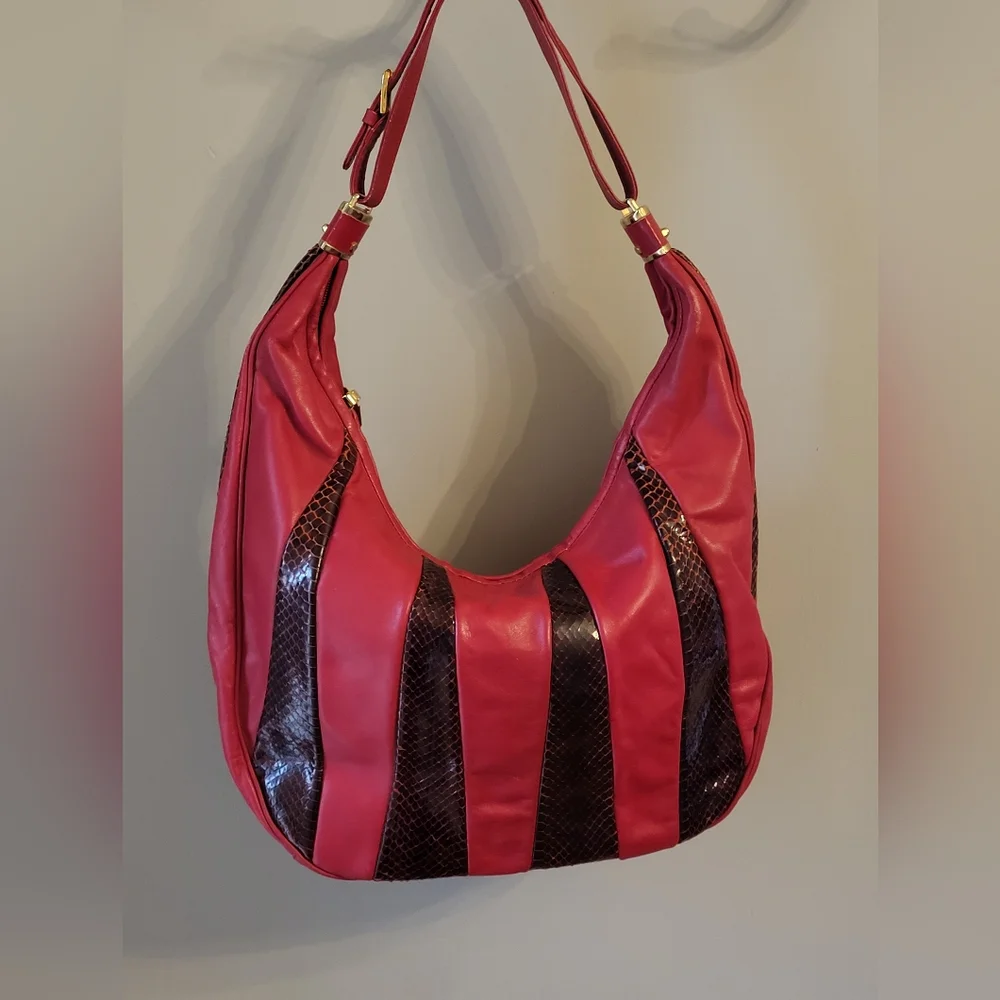 Fontanelli By Reco's Vtg 80s Red Leather/Reptile Hobo Shoulder Bag